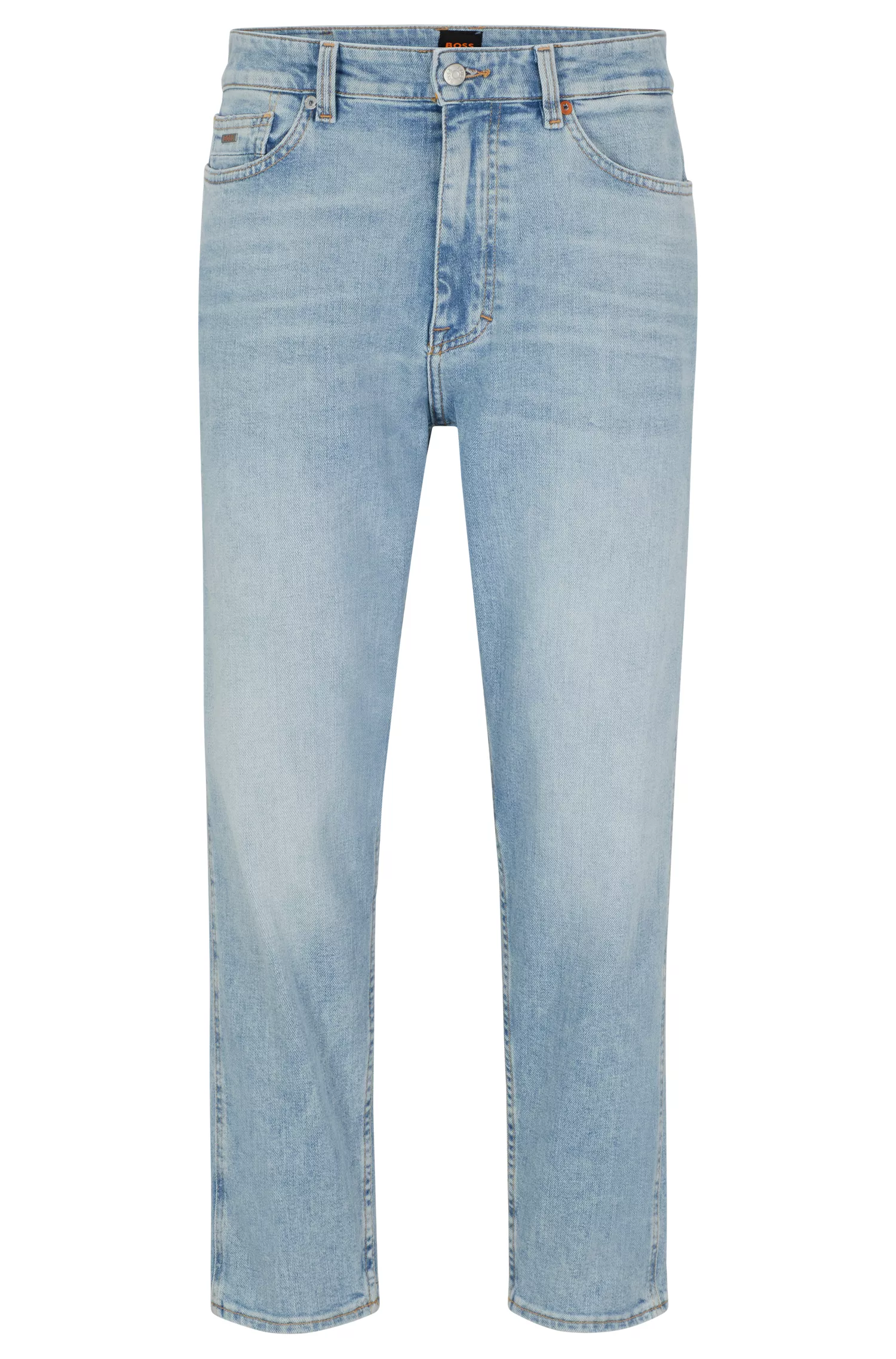 Calça jeans BOSS laranja, corte afunilado, em denim azul com elasticidade confortável.