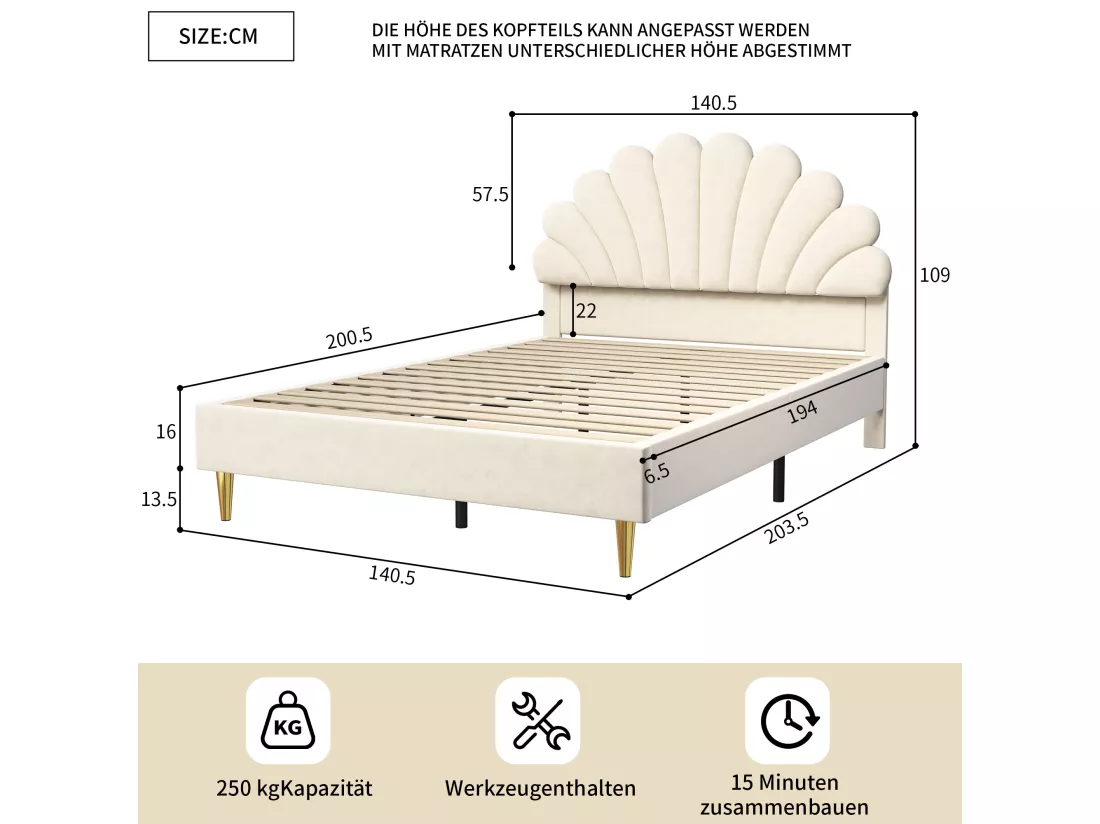 Lit double rembourré en velours - 140x200cm - tête de lit en forme de fleur - avec sommier à lattes - Beige