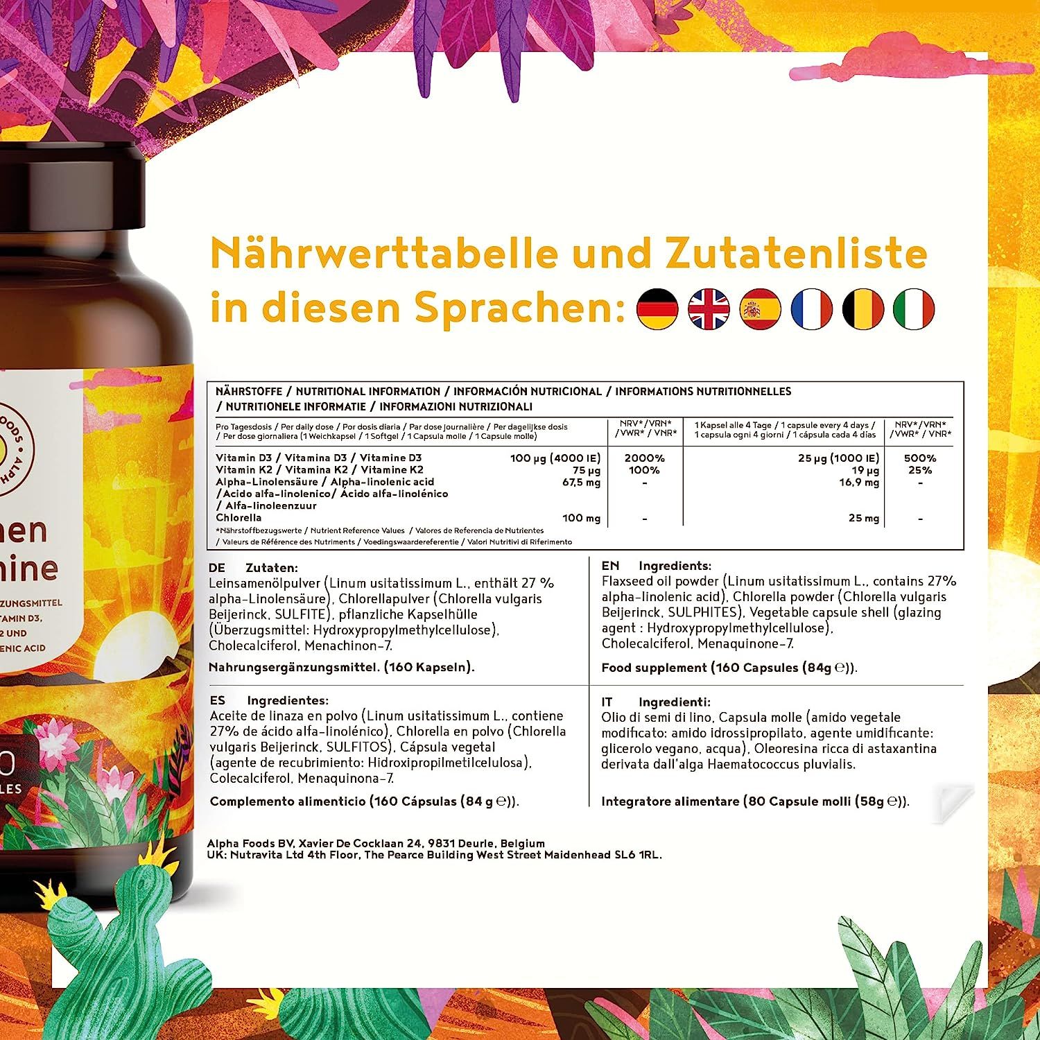 Vitamin D3, K2 (vitaMK-7, 99,99% All-Trans) und pflanzliche Omega 3 Fettsäuren