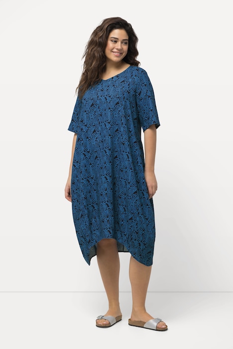 Kleid, Leinenmix, Bogensaum, V-Ausschnitt, Halbarm