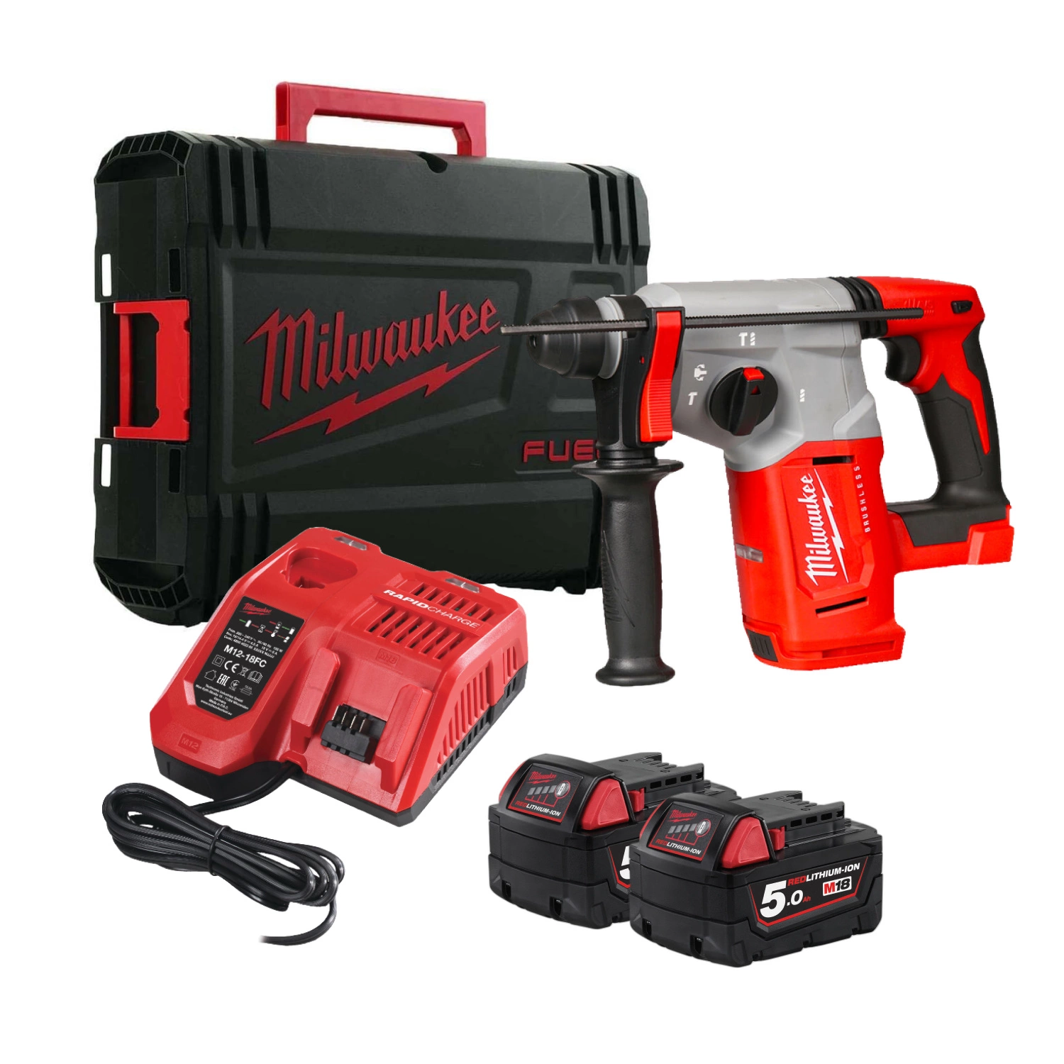 Milwaukee M18 BLH-502X 18V Li-Ion accu SDS-plus boorhamer set (2x 5.0Ah) in HD Box- 26 mm - 4 standen - koolborstelloos