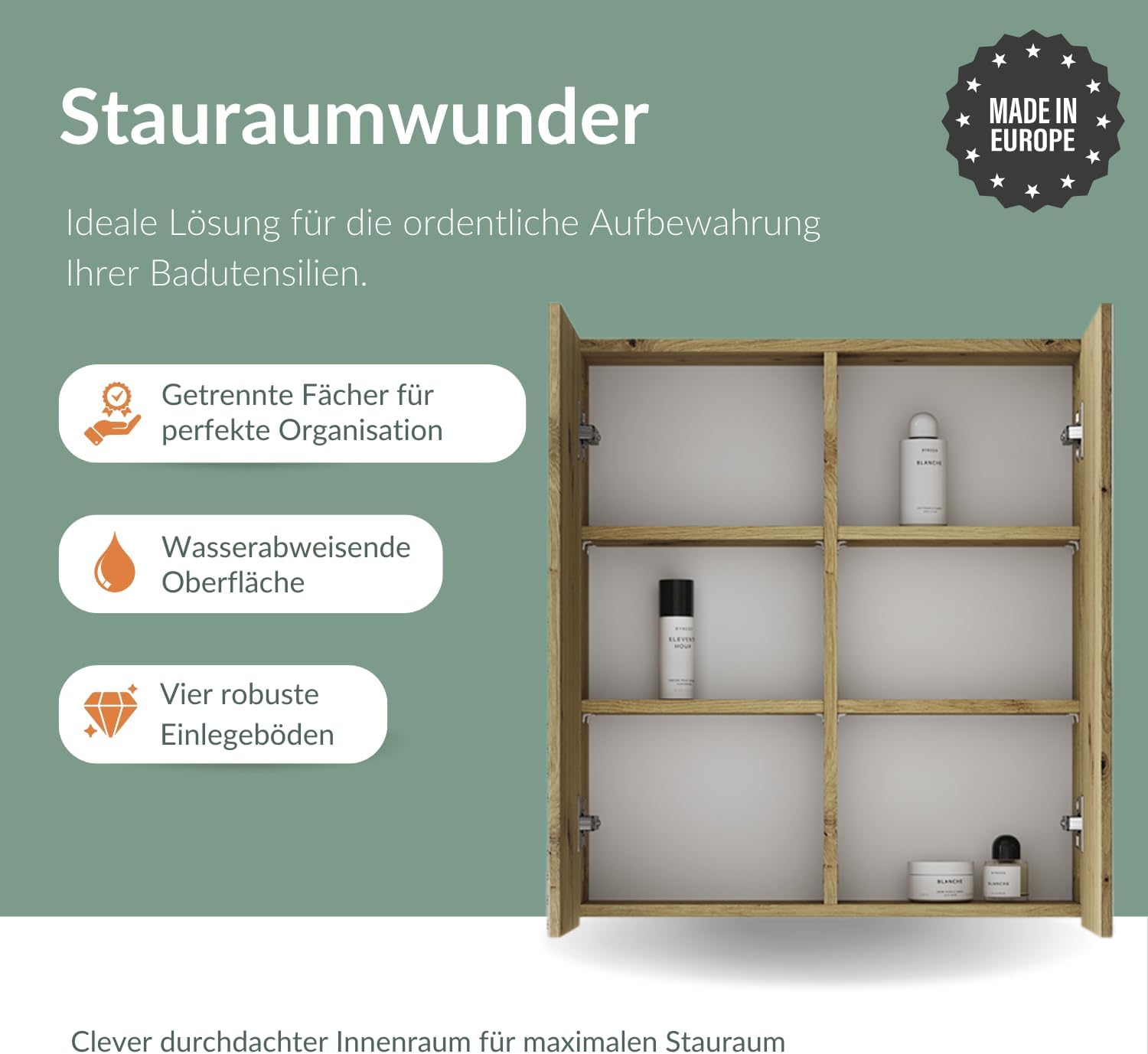 Planetmöbel Merkur Spiegelschrank Bad 60 cm breit | Badschrank hängend mit Spiegel | Artizan Eiche, ohne Leuchte, Spiegelschrank Gäste WC 60x67 x 16 cm