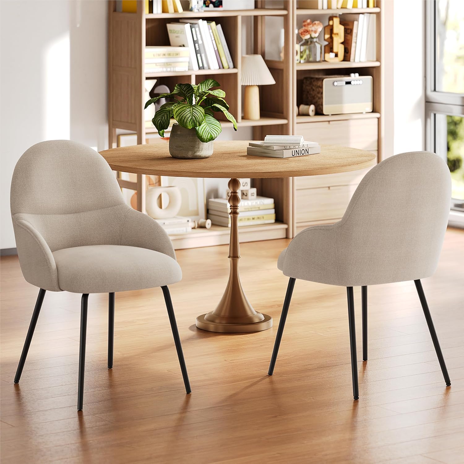 Esszimmerstühle 6er Set mit Armlehne – Ergonomische Polsterstühle, Moderne Küchenstühle mit Leinenbezug & Metallbeinen, Gepolsterte Stühle für Wohnzimmer, Esszimmer, Küche, Beige