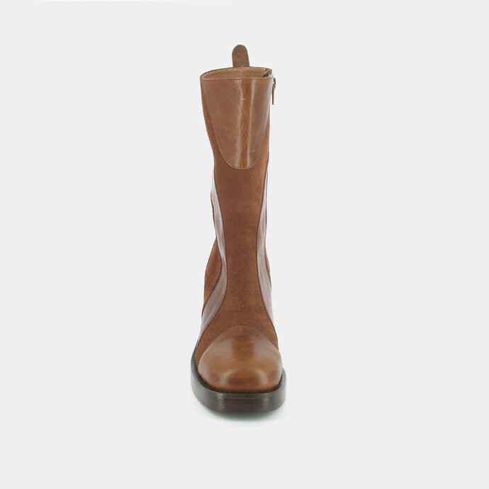 Bottes bi-matières à talons épais  en cuir et croute cognac