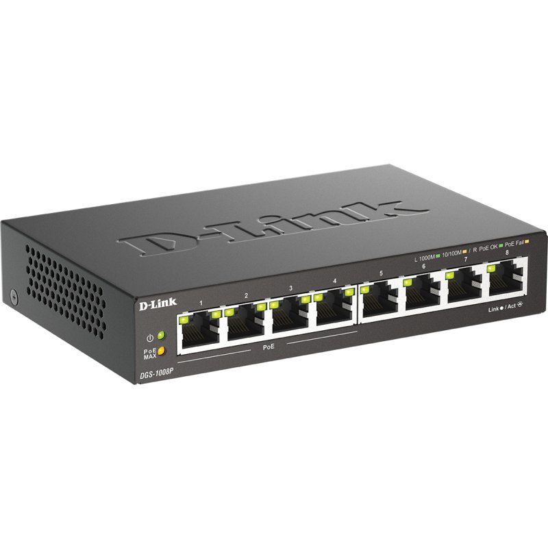 D-Link DGS-1008P/E commutateur réseau Non-géré L2 Gigabit Ethernet (10/100/1000) Connexion Ethernet, supportant l'alimentation via ce port (PoE) Bureau Noir