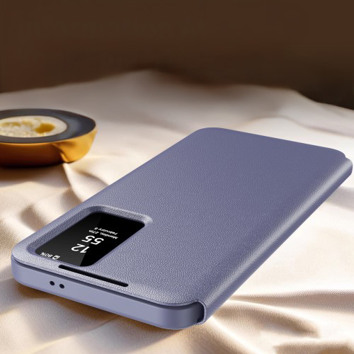 Samsung Galaxy S25 Ultra Leder Hülle Small Window View Flip Case Litchi Look - Lila / Grau