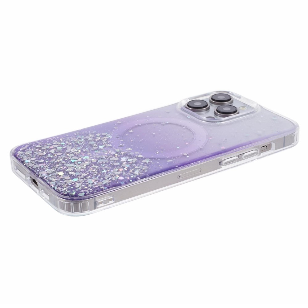 iPhone 14 Pro Max MagSafe Hülle mit Acryl Rückseite und Farbverlauf im Glitzer Design - Lila