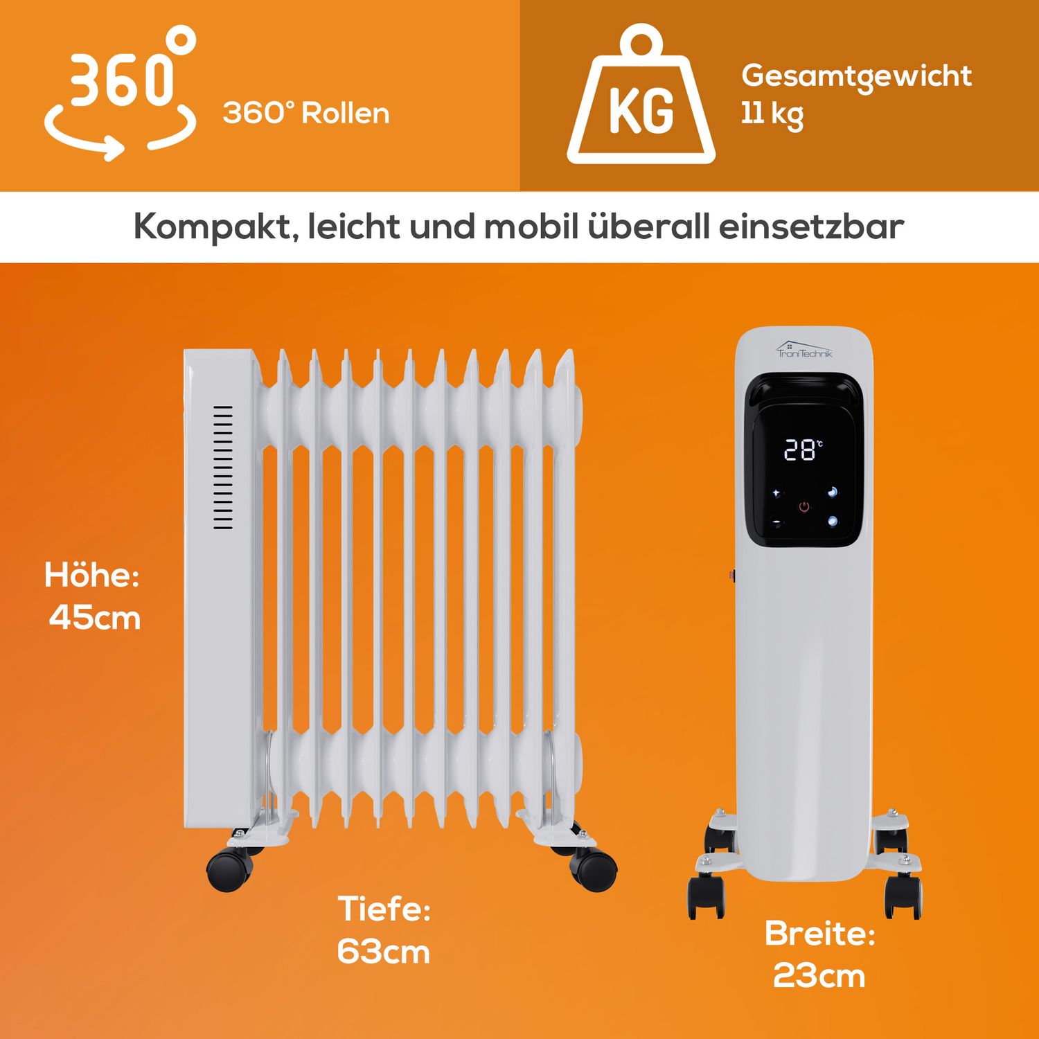 TroniTechnik® Ölradiator Elektroheizung TT-OR 311 in Weiß mit 11 Rippen und 1 2500 Watt, drei Heizstufen (1000W, 1500W, 2500W)