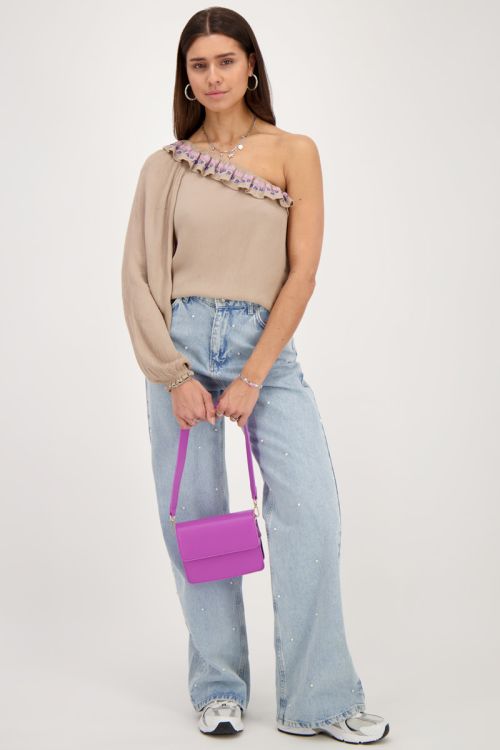 Beige one-shoulder top met multikleur embroidery