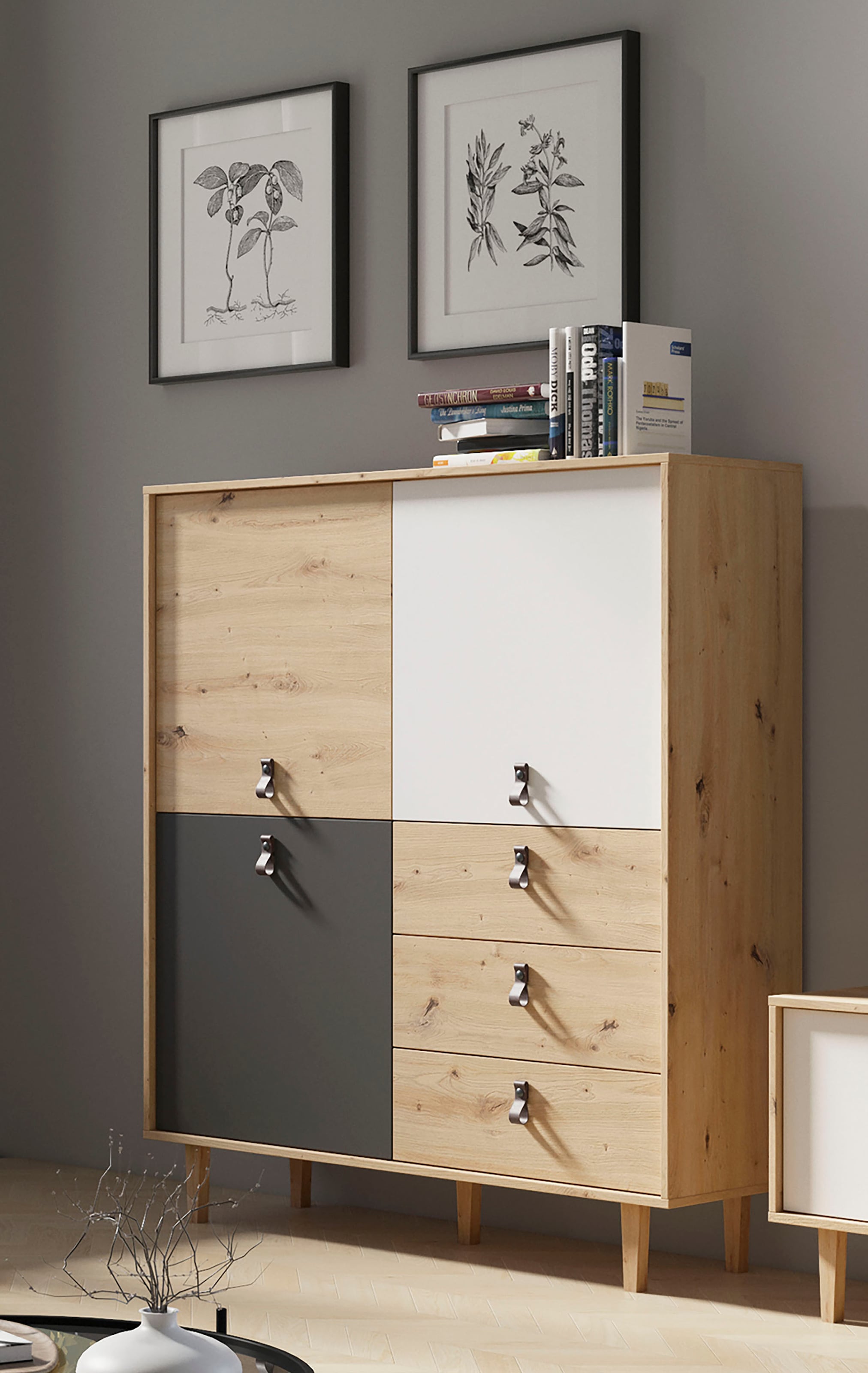 INOSIGN Highboard »Bill, mit drei Schubkästen und drei Türen,« 120cm Breit mit verstellbaren Einlegeböden, massive Holzbeine