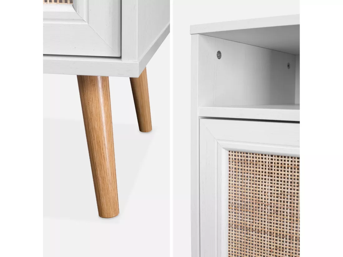 Lot de 2 tables de chevet en cannage - Bohème - 40x39x65.8cm Blanc - 2 niveaux - 1 portes - 1 espace de rangement - pieds scandinaves