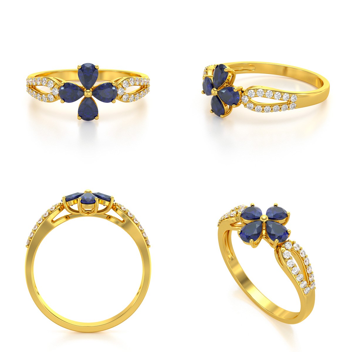Bague ADEN Or 585 Jaune Fleur Saphir et diamants 1.95grs