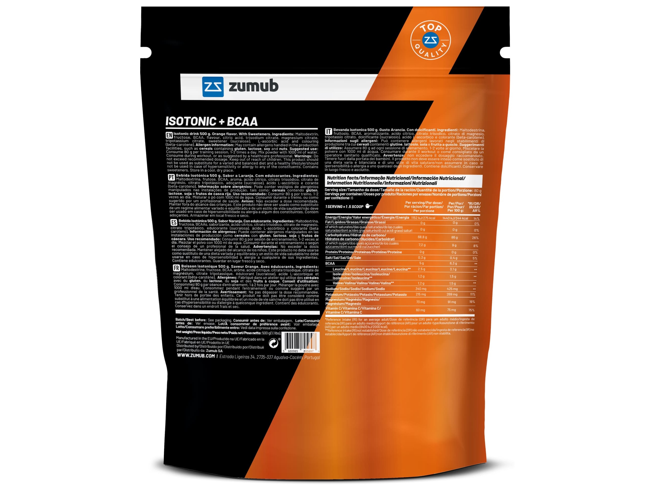 SUPLEMENTO BCAAS ZUMUB ISOTONIC LARANJA 500 GR