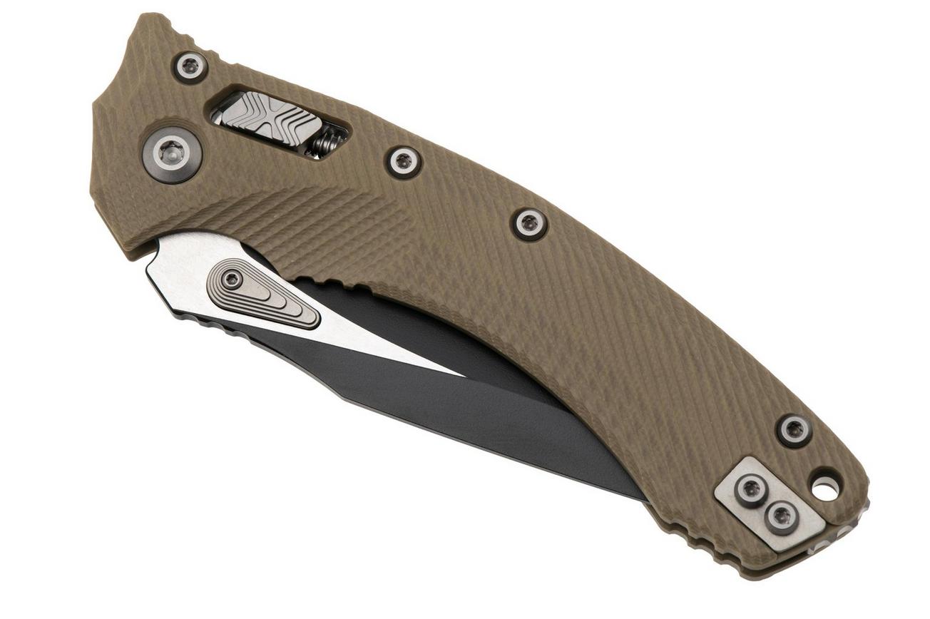 Microtech Amphibian 137RL-2FLGTTA, Two Tone Black M390MK, Fluted Tan G-10, partly serrated zakmes
