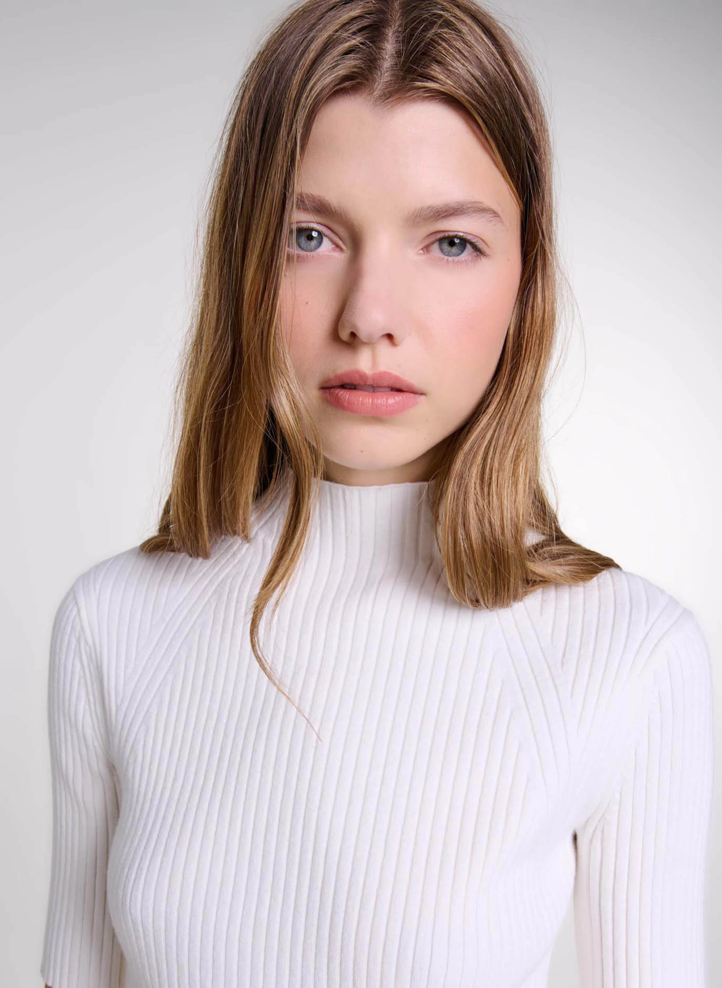 Top col rond en coton mélangé | Beige