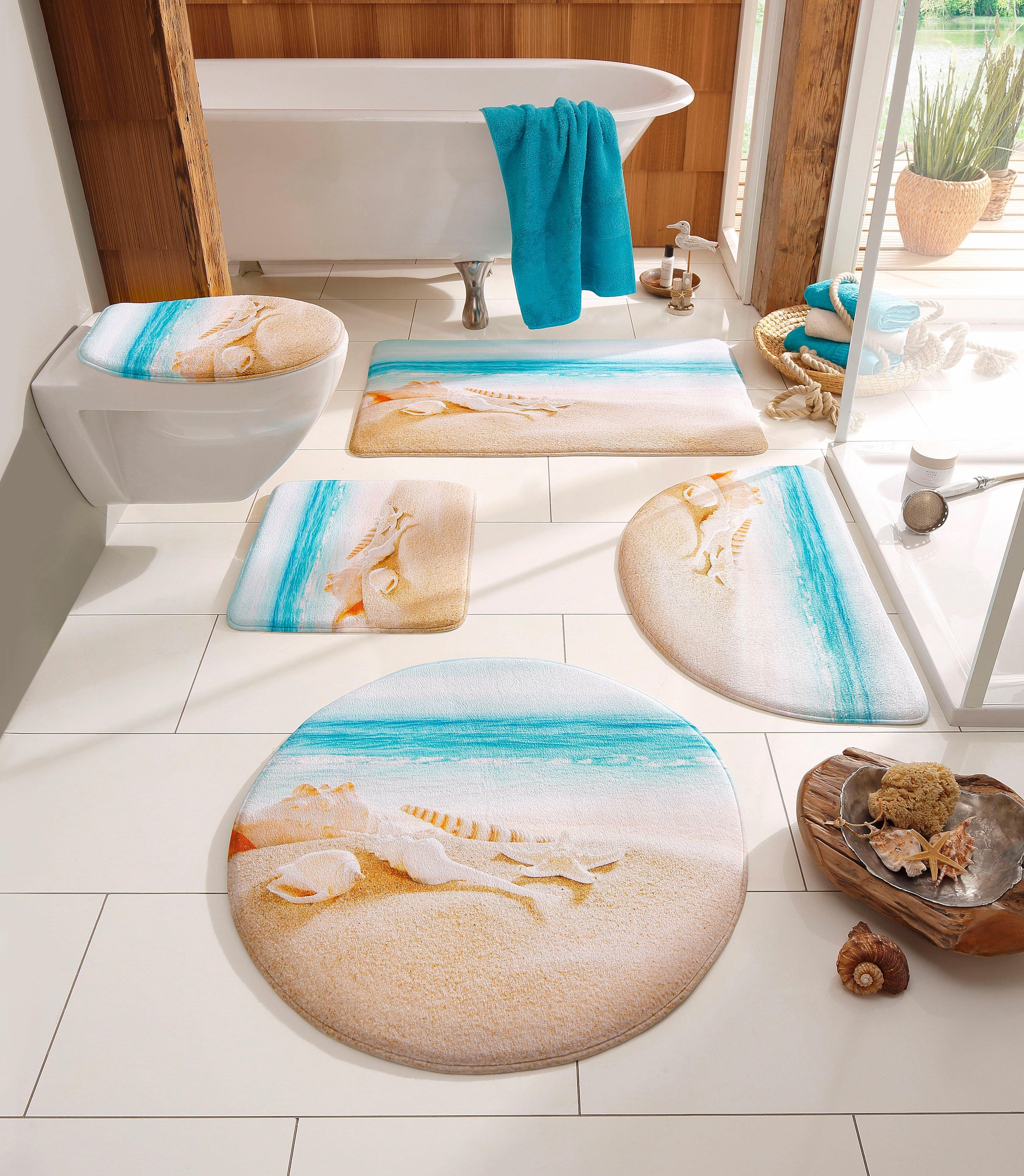 my home Badematte »Strand« Höhe 14 mm Memory Schaum fussbodenheizungsgeeignet | schnell trocknend mit Strand-Motiv, Badematten auch als 2 teiliges Set erhältlich