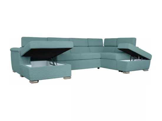 Canapé panoramique 6 places Paola convertible avec 2 coffres en velours côtelé - Bleu clair - L320,5 x P188 x H76cm - Loungitude
