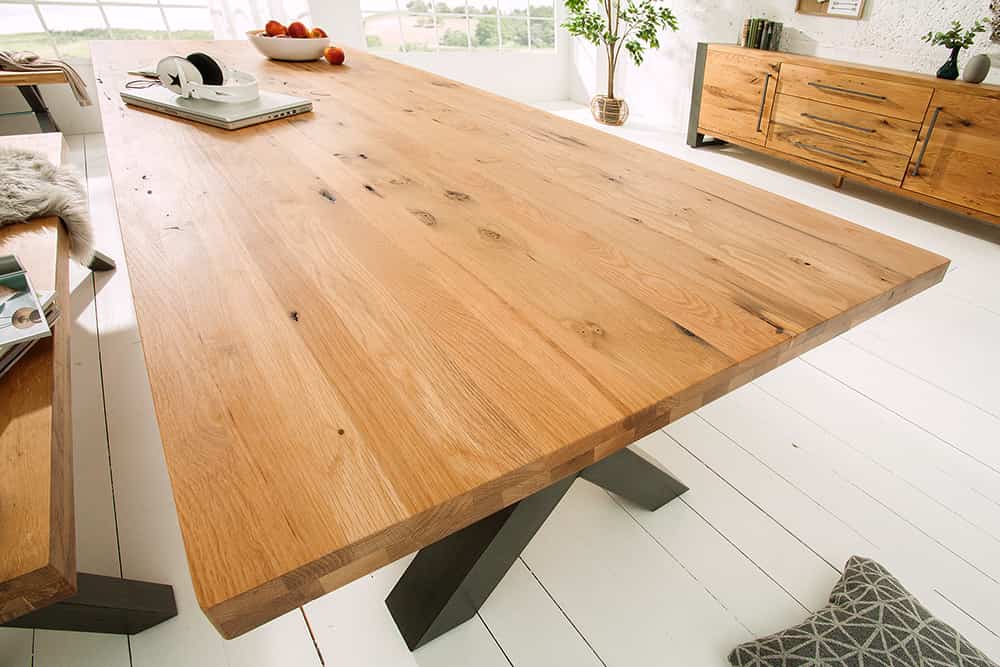 Massivholz Esstisch THOR 240cm natur Wildeiche geölt graues X-Gestell Metall Industrial Design