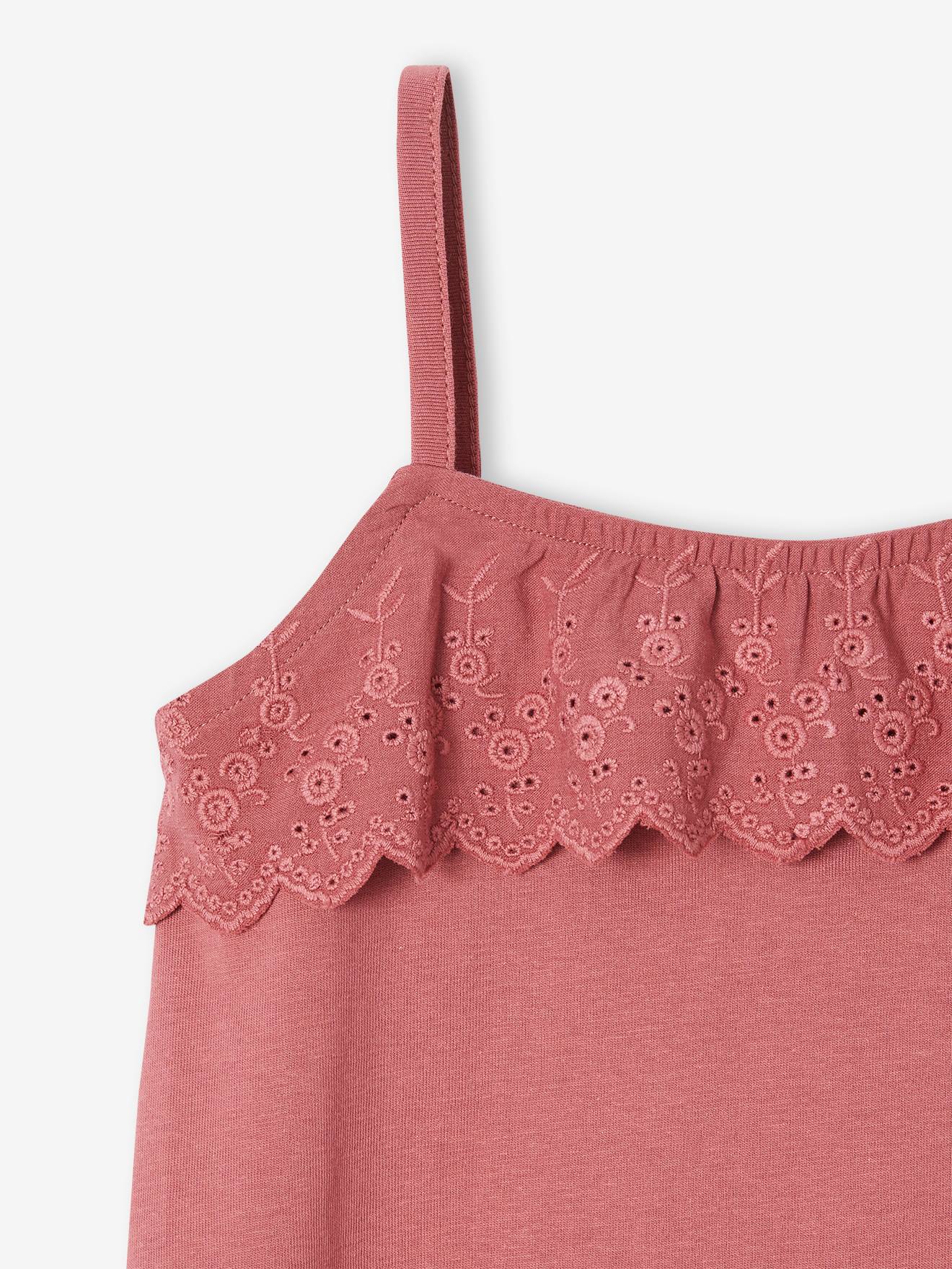 Camiseta sem mangas com babados e bordado inglês, para meninas, amarelo claro.