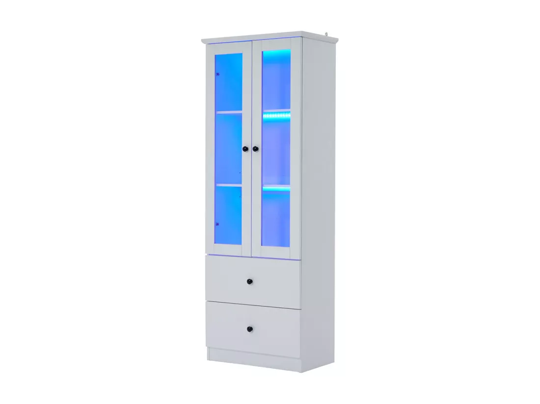 Vitrine moderne à LED mat avec port et 2 tiroirs USB télécommande 16 couleurs vitrine verticale avec étagères réglables MDF blanc