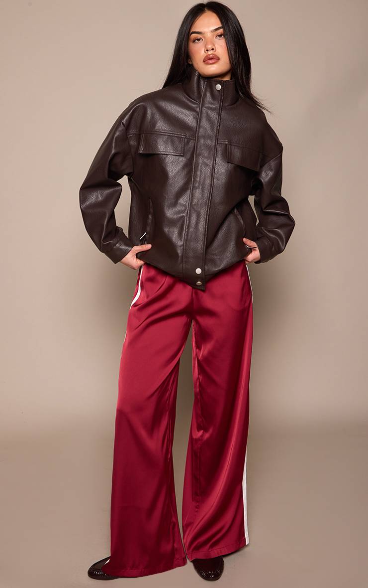 Rouge Pantalon Large En Satin À Bandes Contrastées