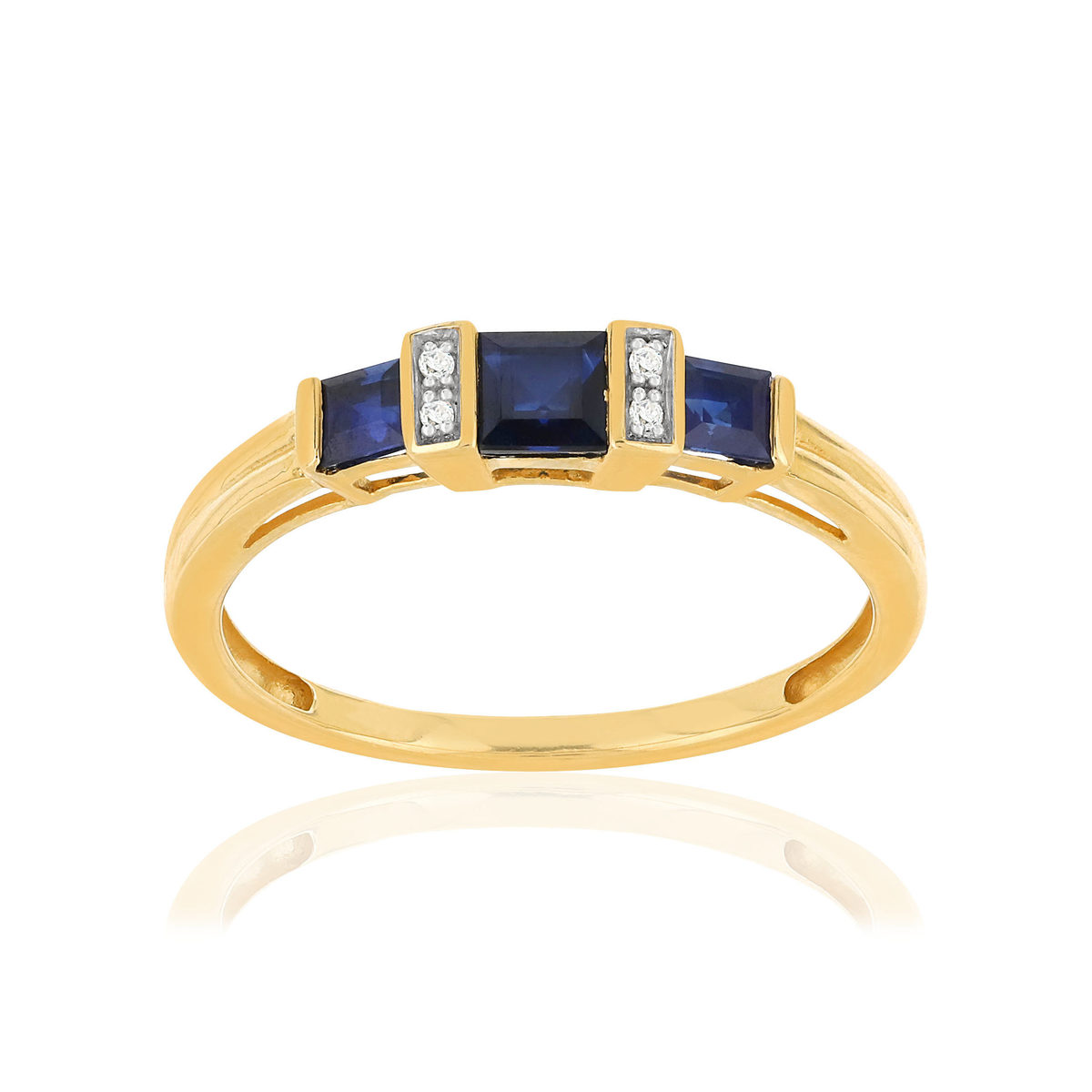 Bague or 750 jaune saphirs carrés et diamants