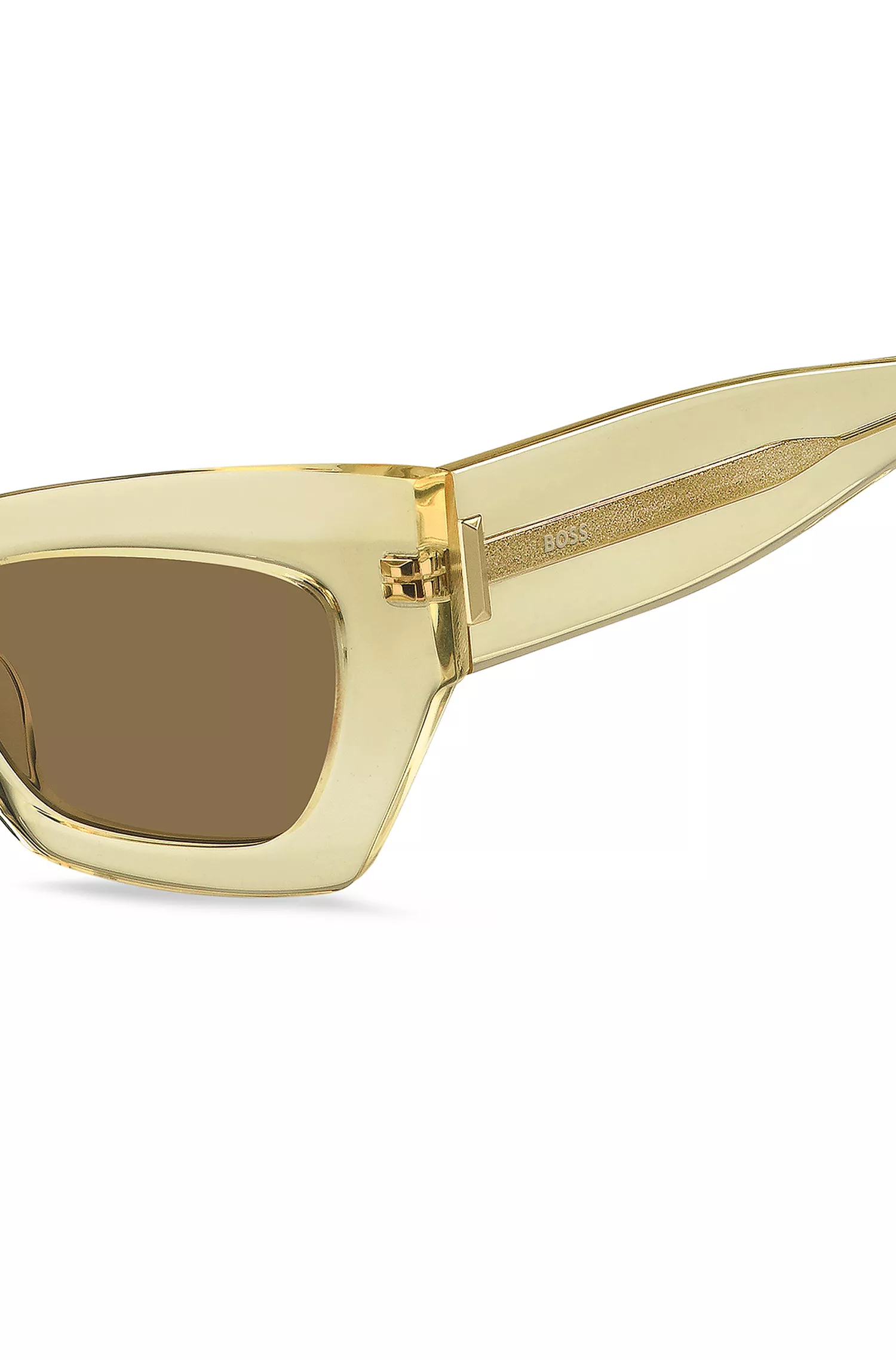 Óculos de sol BOSS em acetato preto transparente com detalhes exclusivos.