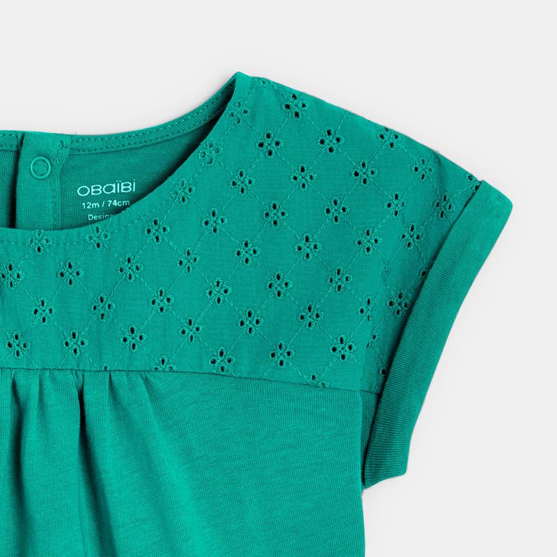 T-shirt bi-matière broderie anglaise vert bébé fille Vert