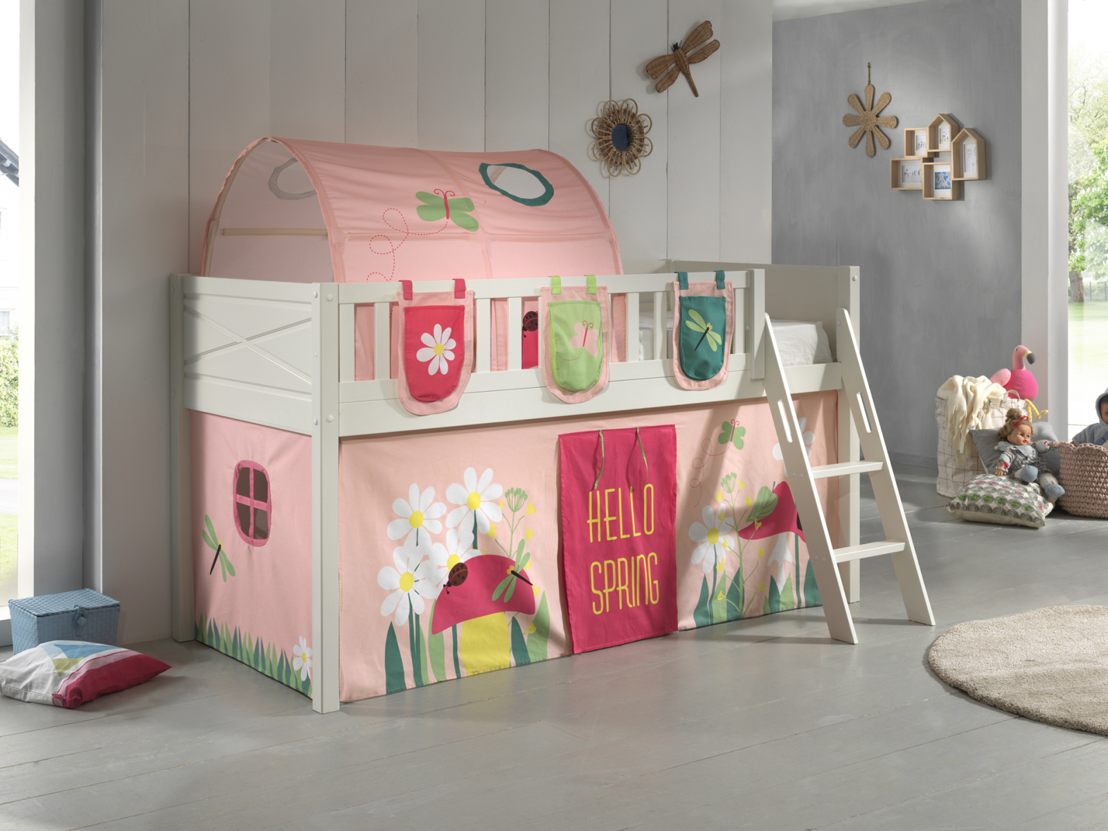 Spielbett SCOTT - weiß - Spring - mit Vorhang, Leiter, Tunnel und Taschen - 90x200 cm