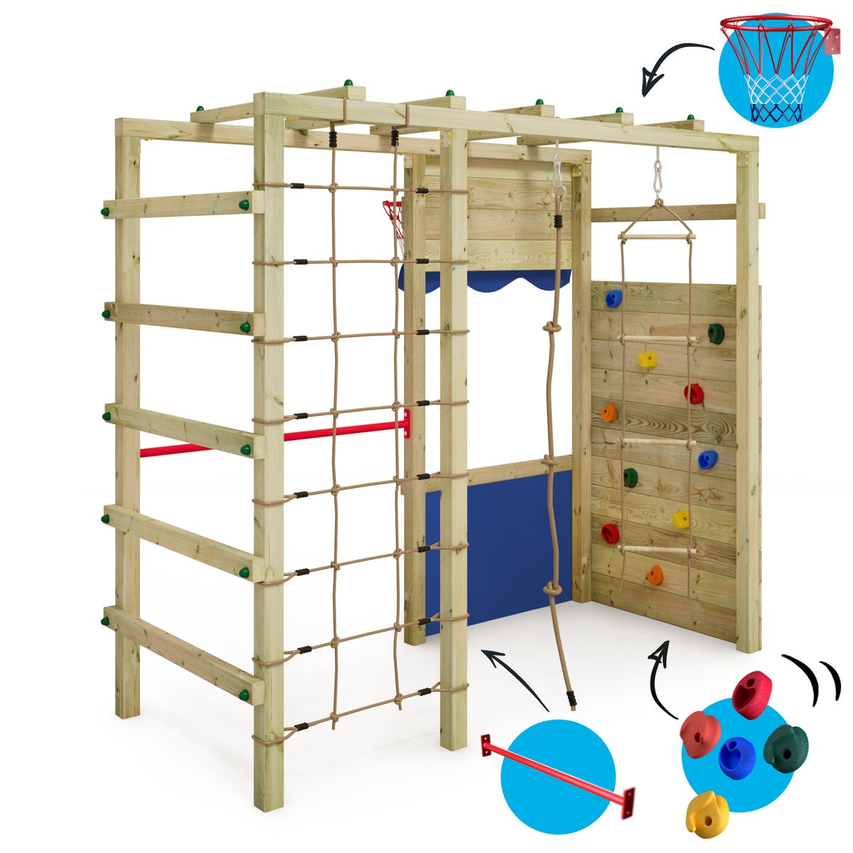 WICKEY Klimrek Speeltoren Smart Action Tuin Speeltoestel met Klimwand en Speelaccessoires - Blauw