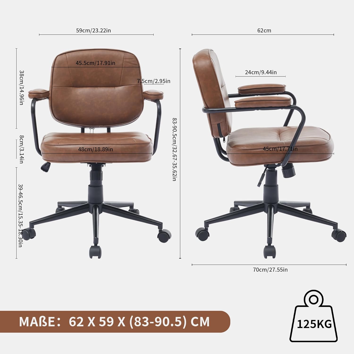 Bürostuhl mit Wippfunktion, PU-Leder Drehstuhl im modernen Retro-Stil, Höhenverstellbarer Schreibtischstuhl für Home Office, Liebhaber des Retro-Stils (Dunkelbraun)