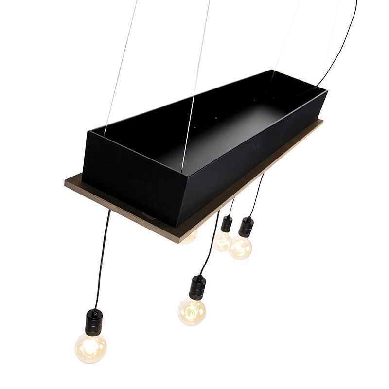 Landelijke hanglamp zwart met hout 5-lichts - Flair