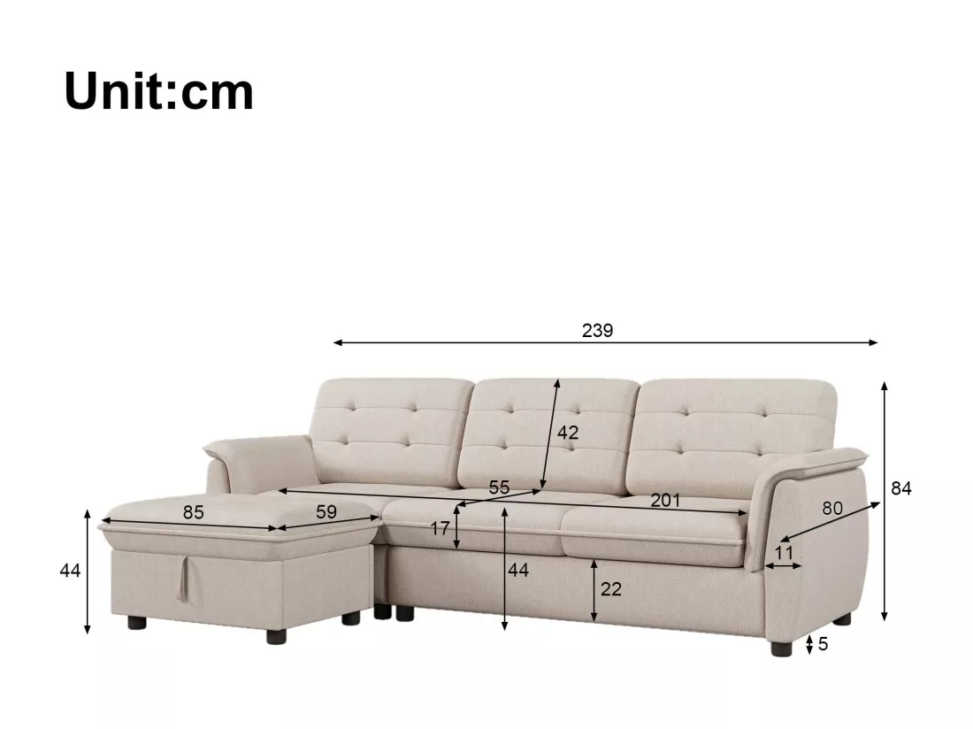 Canapé d'angle 3 places - tissu en lin - repose-pieds avec rangement - Beige