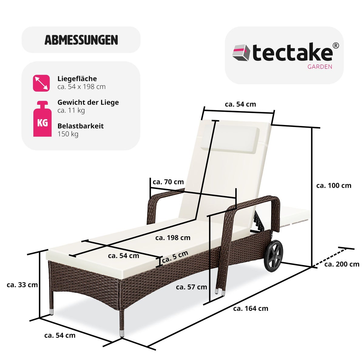 Rotan ligstoel tectake duurzaam 200 x 70 x 33 cm