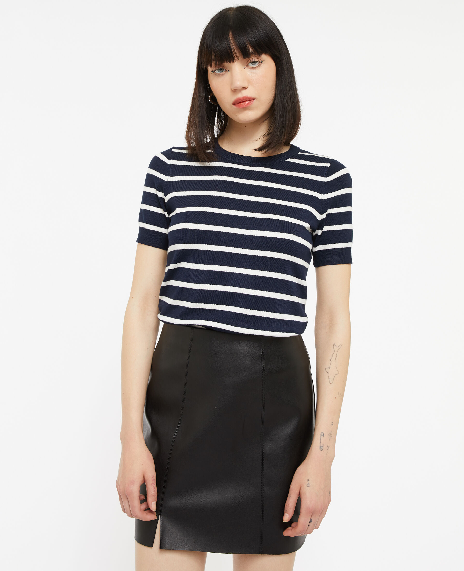 Pull manches courtes rayé en maille fine - Bleu marine