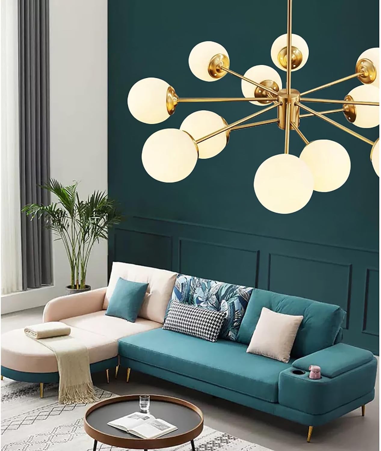 Mid Century Modern Kronleuchter, Sputnik Deckenleuchte Milchglas Kugel Leuchte, Pendelleuchte Aus Gebürstetem Messing für Wohnzimmer Esszimmer Schlafzimmer Kücheninsel(16 Lights, Glossy)
