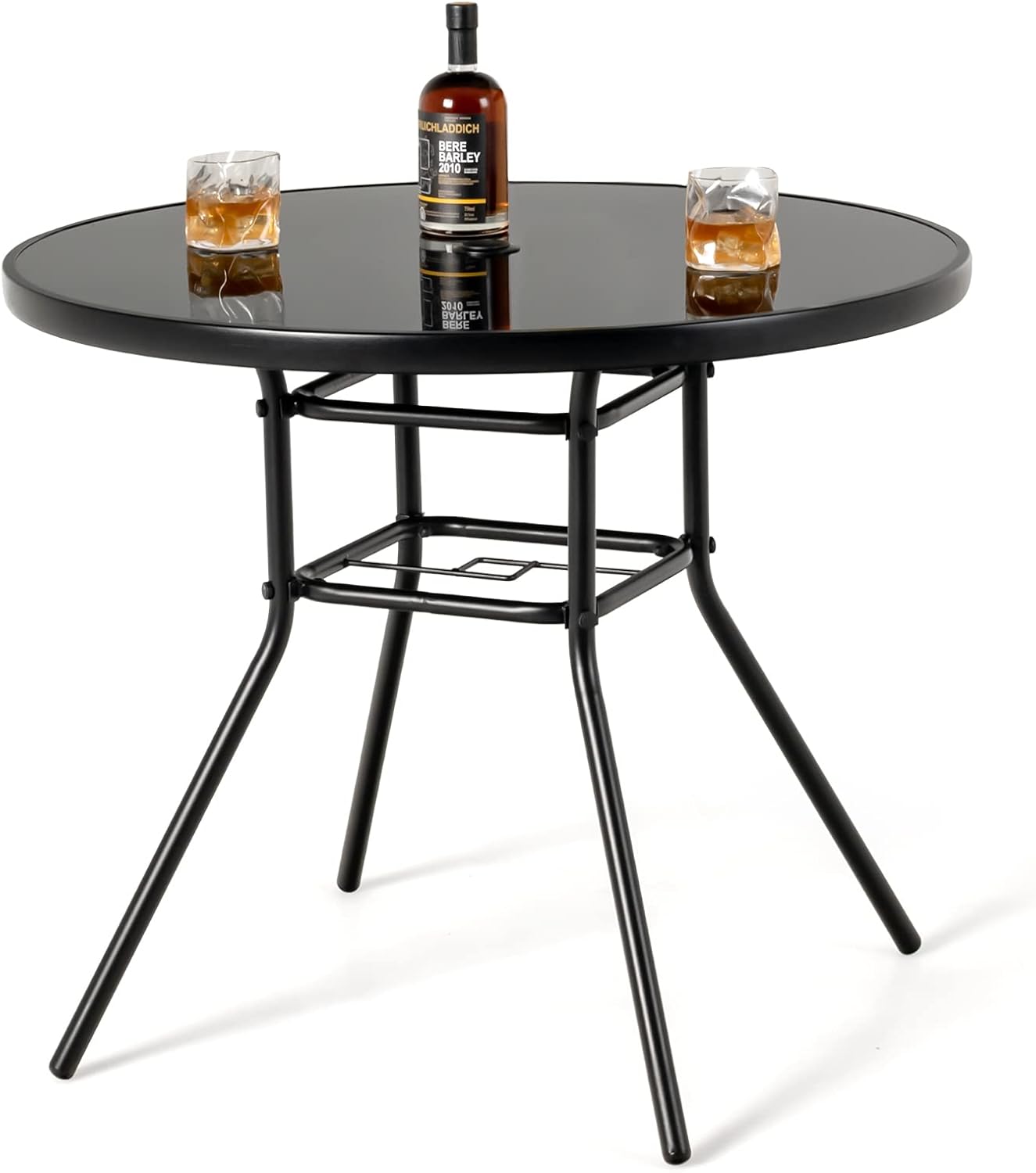 GIANTEX 86cm Gartentisch rund, Outdoor Bistrotisch mit Glas-Tischplatte & Metallrahmen, Terrassentisch mit 3,5 cm Schirmloch, Beistelltisch für Balkon, Garten, Hinterhof & Poolbereich