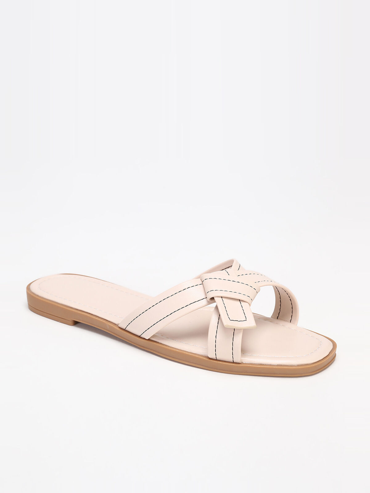 Mules à brides nouées avec surpiqures- Beige