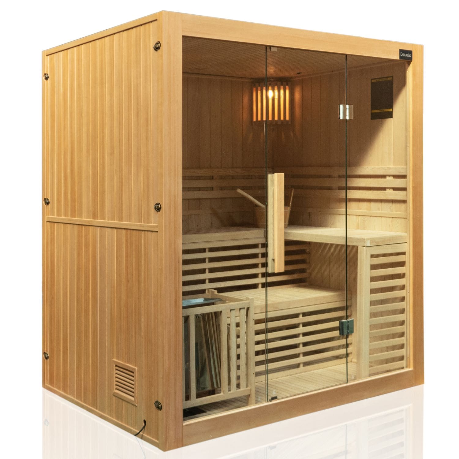 Dewello® Finnische Traditionelle Sauna SARNIA 180cm x 140cm inkl. 6 KW Harvia Ofen, inkl.Aufguss-Set, Sanduhr, Thermometer