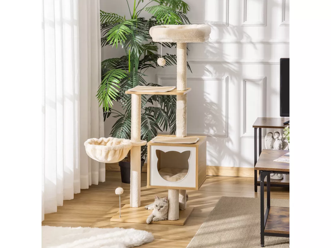 Arbre à chat multi-équipement griffoirs grattoirs niche hamac panier coussins amovibles H126 cm peluche courte sisal naturel beige