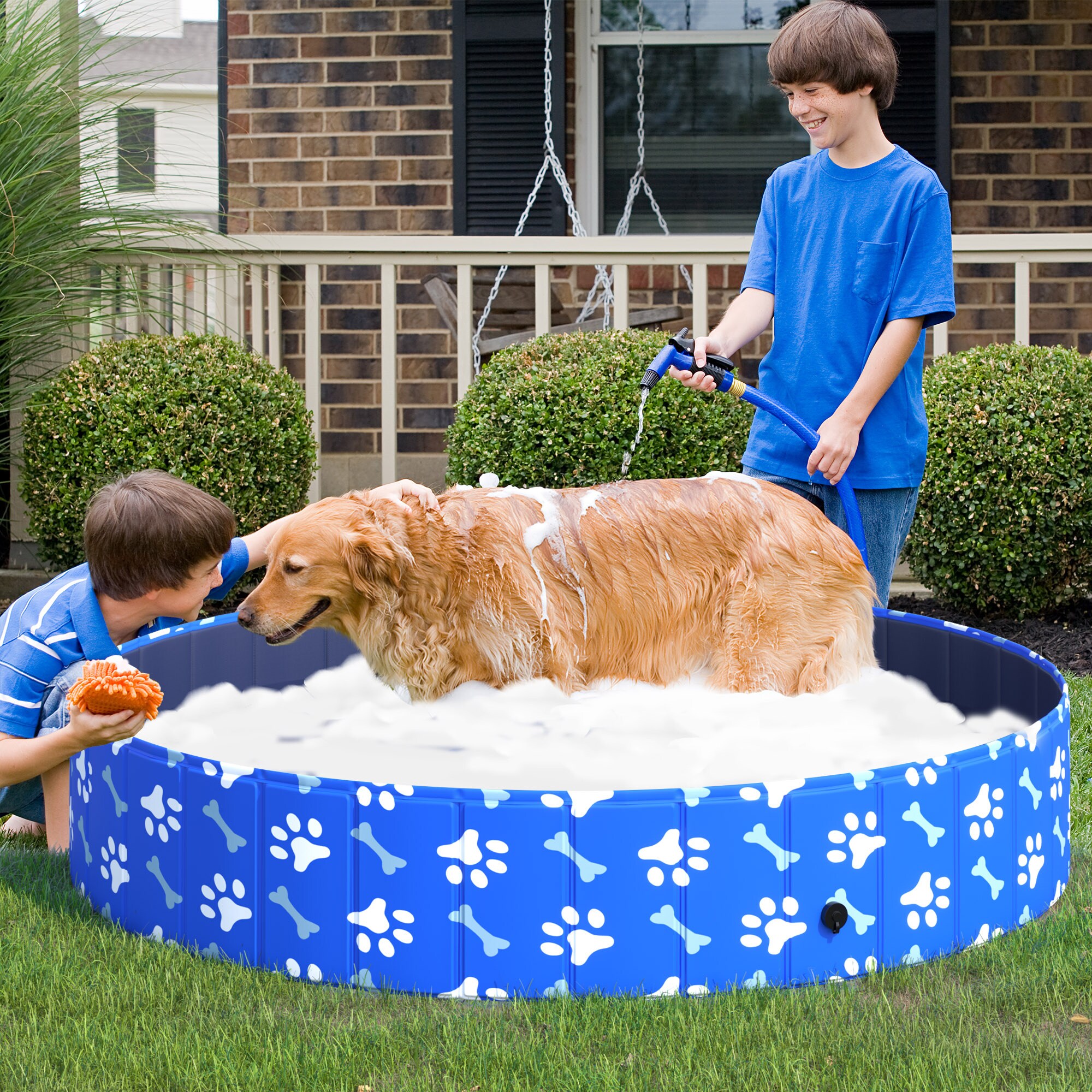 PawHut Hundepool mit Wasserablassventil blau Ø160 x 30H cm