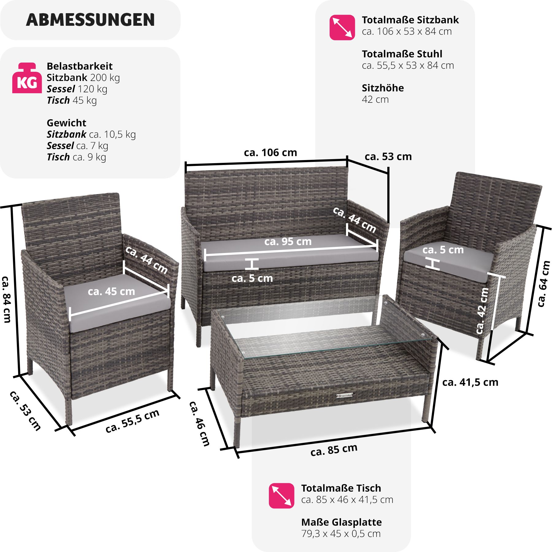 tectake® Rattan Sitzgruppe, für 4 Personen, UV-beständig, einfacher Aufbau