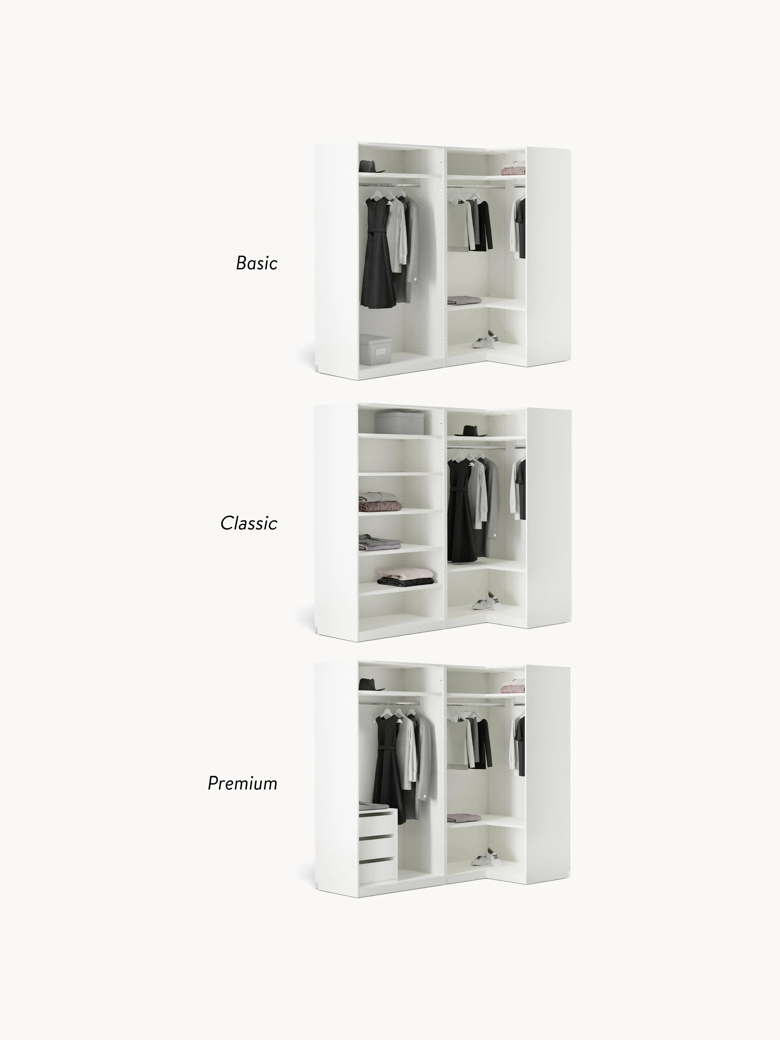 Modulaire hoekkast Simone, 215 cm breed, diverse varianten