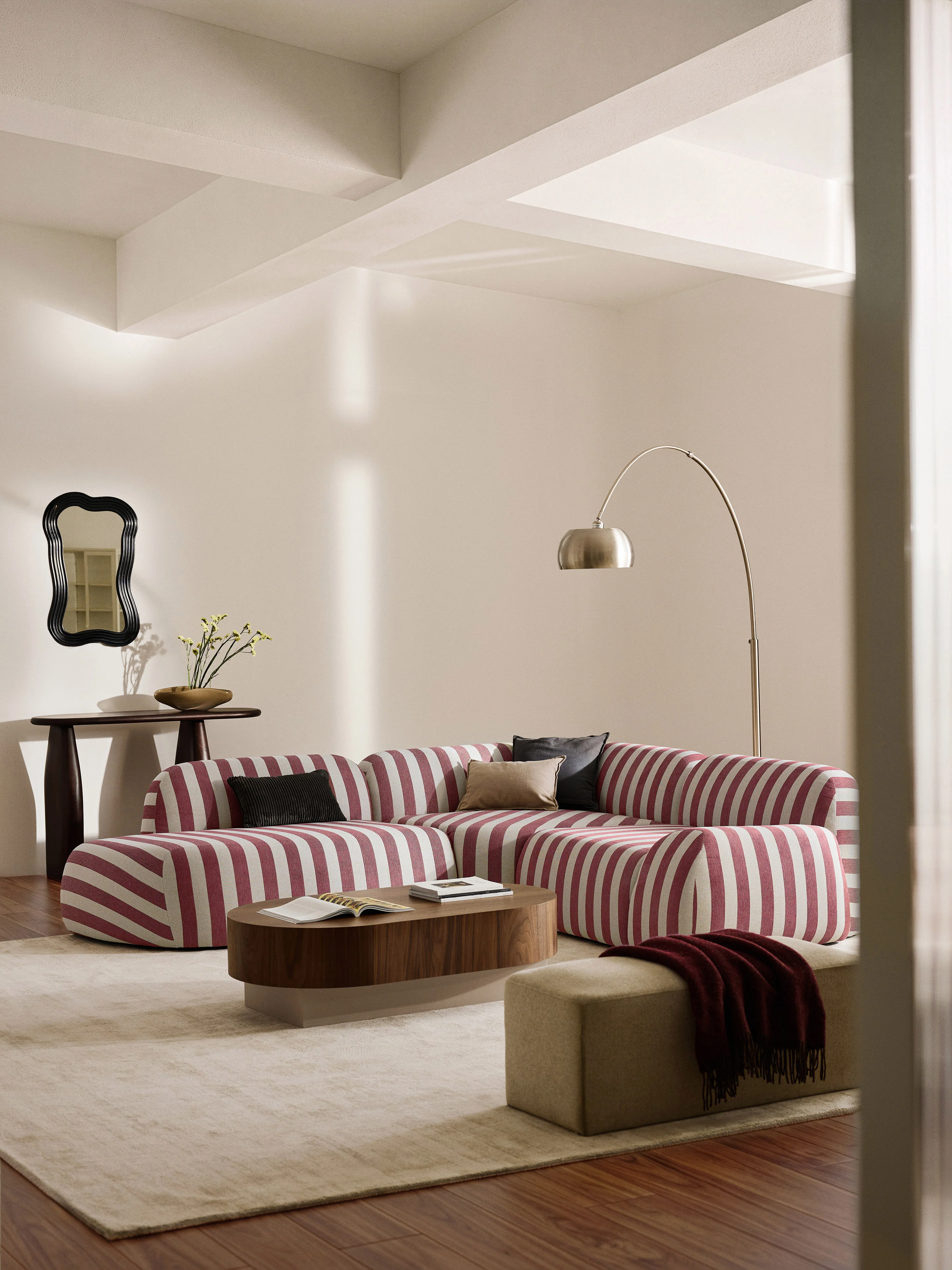 Gestreepte modulaire hoekbank Wolke (4-zits) met chaise longue