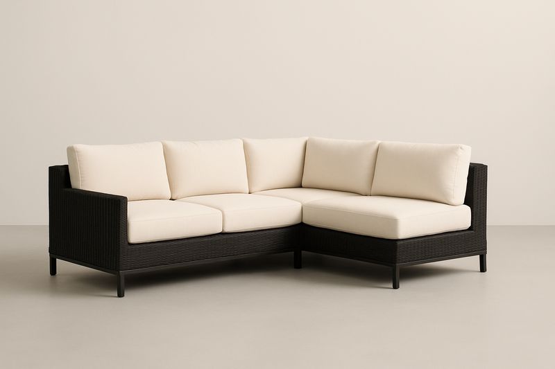 Garten-Ecksofa-Set aus Polyrattan, Schwarz, mit Beigen Kissen, L-Form
