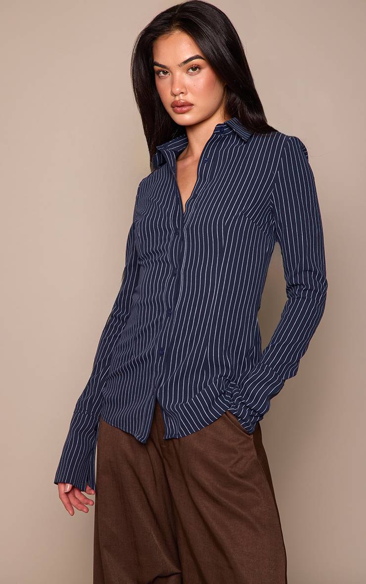 Bleu Marine Chemise Cintrée Tissée À Fines Rayures