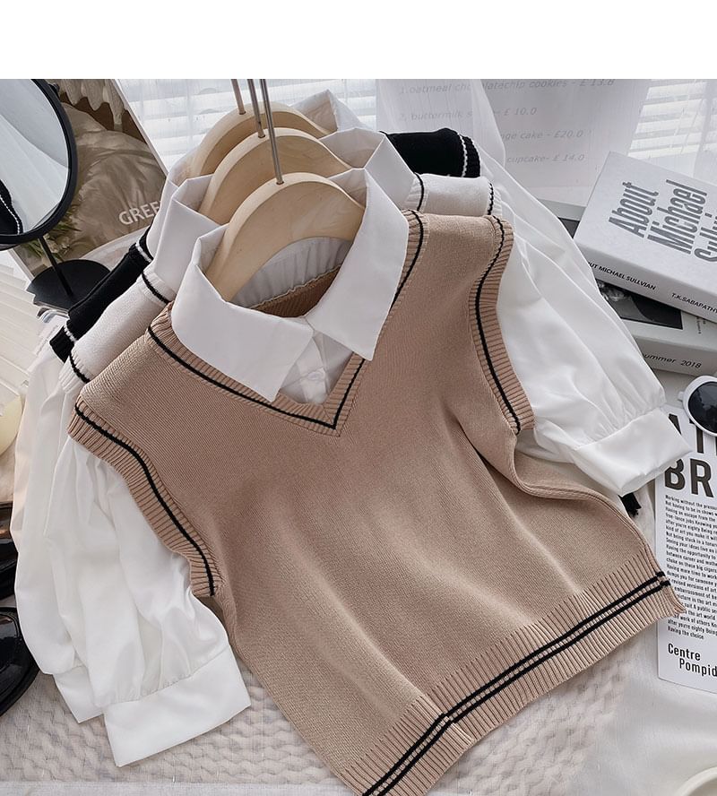 DIYI - Namaak tweedelig gebreid blouse met korte mouwen