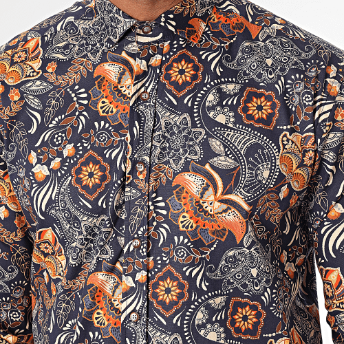 Chemise Manches Longues Bleu Marine Orange Floral