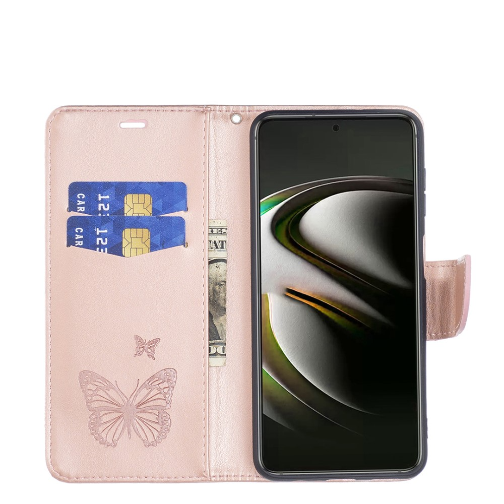 Samsung Galaxy S22 5G Leder Tasche mit Kartenfach   Handschlaufe Schmetterling - Roségold