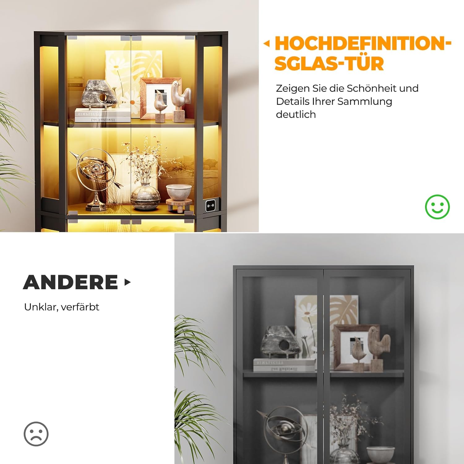 Eckvitrine mit Glastüren, Tall 165cm Eck Bücherregal mit 3 Farben Led Beleuchtung, 4-Ebenen Vitrinenschrank mit Intelligente Sensorik für Wohnzimmer Schlafzimmer Büro, Schwarz